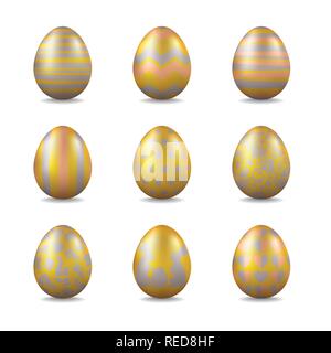 Raccolta di golden uova di pasqua con argento e bronzo patterns illustrazione vettoriale Illustrazione Vettoriale