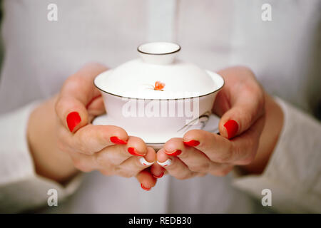 Ritagliato colpo di donna azienda chawan porcellana nella parte anteriore della fotocamera. Foto Stock