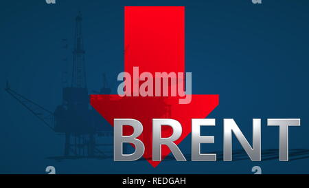 Il prezzo del Brent petrolio greggio è in calo. Una freccia rossa che mostra verso il basso con un olio piattaforma dietro la parola Brent, su uno sfondo blu, simboleggia... Foto Stock