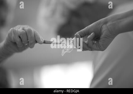 Un dentista prende un bastoncino di cotone monouso con pinzette da un assistente con le mani in mano durante il trattamento del paziente. Foto Stock