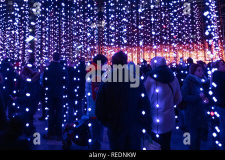 Londra, Inghilterra - Gennaio 2019 : immersione da Squidsoup, luci d'Inverno Festival 2019. L'arte interattiva per le installazioni presso Canary Wharf Foto Stock