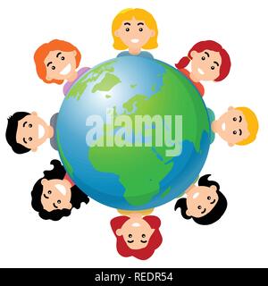 I bambini di tutto il mondo, il sorriso di bambini e del globo, cartoon stile piatto - illustrazione vettoriale Illustrazione Vettoriale