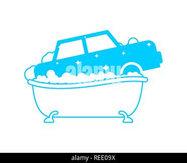 Segno di autolavaggio. Auto in bagno. Auto lavaggio in vasca da bagno Illustrazione Vettoriale