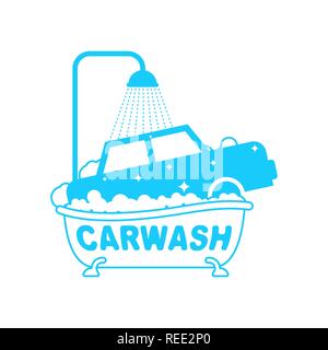 Il logo di autolavaggio. Auto in bagno. Auto lavaggio in vasca da bagno Illustrazione Vettoriale
