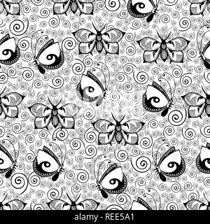 Farfalle astratto seamless pattern, in bianco e nero del disegno a mano, monocromatico delineare la stampa tessile, tessuto design, illustrazione vettoriale. W modellato Illustrazione Vettoriale