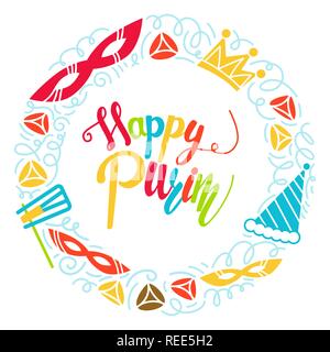 Purim biglietto di auguri in stile doodle con maschera di Carnevale, cappelli, corona, fanno rumore e hamantaschen. Colorata illustrazione vettoriale. Isolato su sfondo bianco Illustrazione Vettoriale