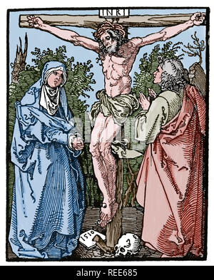 Cristo sulla Croce con Maria e st. Giovanni. Xilografia Albrecht Durer, 1526. Foto Stock