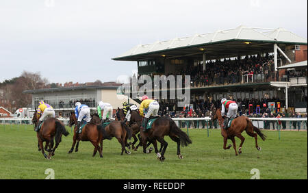 Guide di scorrimento in iniziare il vostro RacingTV Prova Gratuita ora Handicap Hurdle passano le tribune durante Midlands Raceday a Warwick Racecourse. Foto Stock