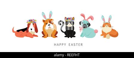 Felice Pasqua card, i cani e i gatti indossando costumi bunny, cestello di contenimento con uova Illustrazione Vettoriale