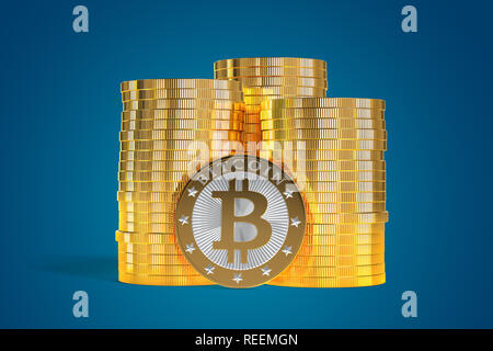 Pile di Golden Bitcoins - 3D Rendering Foto Stock