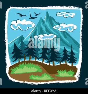 Vista montagna paesaggi cartoni stile grafico illustrazione vettoriale Illustrazione Vettoriale