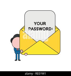 Illustrazione Vettoriale carattere imprenditore tenendo aperta la busta di posta elettronica con la tua password scritte su carta. Colore e contorni neri. Illustrazione Vettoriale