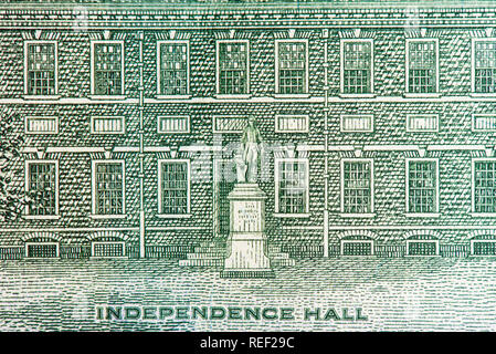 Macro di Independence Hall sul centinaio di dollari. Foto Stock