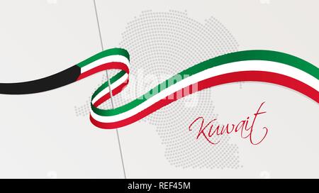 Illustrazione Vettoriale di astratta radiale halftone punteggiata mappa di Kuwait e nastro ondulato con Kuwait bandiera nazionale dei colori per la vostra scheda grafica e web design Illustrazione Vettoriale