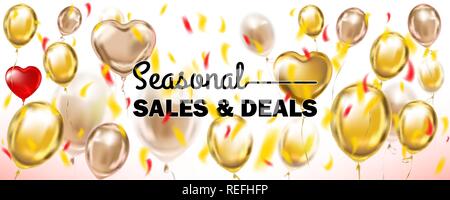 Vendite stagionali e offerte bianco e oro banner con palloncini metallico e nero letering Illustrazione Vettoriale