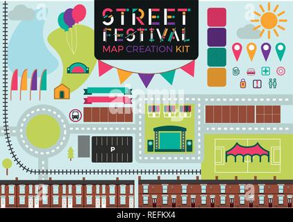 Street Festival Map Creation Builder Kit o Guida per la creazione di mappe di eventi personali da Illustrazione Vettoriale