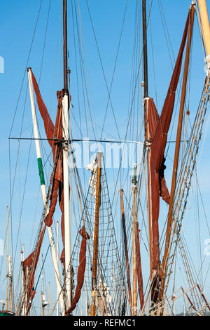 Alberi e vele di Thames chiatte a Maldon Essex Foto Stock