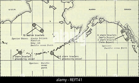 . Pesca commerciale di revisione. La pesca e il commercio di pesce. 18 50° 145°. 180", 175" 160° 150° 145° pesca sovietica off Alaska agosto 1968; dal numero di navi e le specie prese. Due re granchio flotte factoryship ha continuato la pesca sulla piattaforma continentale, a nord di Port MoUer, nella parte orientale del Mare di Bering. Uno tanner crab spedizione era situato a circa 120 miglia a nord-ovest della pesca Pribilofs conica a forma di set di pentole su una linea lunga. Due piccoli pescherecci da traino di poppa ha iniziato sulla pesca di gamberi noti terreni vicino Isola Two-Headed fuori Southwest Kodiak Island. Uno è stato osservato salpare a bordo di una rete a strascico contai Foto Stock