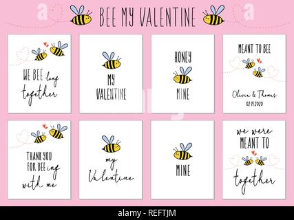 Il giorno di San Valentino carte con graziosi bee e preventivi, set di vettore di elementi di design Illustrazione Vettoriale