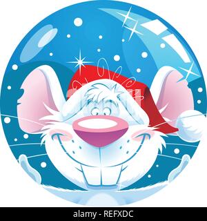 La figura mostra un simpatico cartoon mouse in un cappello di Natale su uno sfondo di un giocattolo di palla. Illustrazione Vettoriale