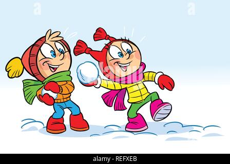 La figura mostra un ragazzo e una ragazza che gioca snowballs. Illustrazione fatta in stile cartoon. Illustrazione Vettoriale