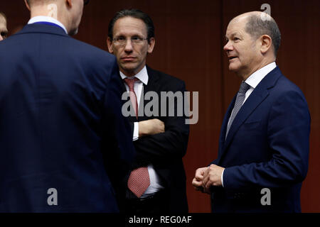 Bruxelles, Belgio. Il 21 gennaio 2019. Il ministro delle Finanze della Repubblica federale di Germania, l'Olaf Scholz assiste nell'Eurogruppo dei ministri delle finanze riuniti presso la sede centrale dell'UE. Foto Stock