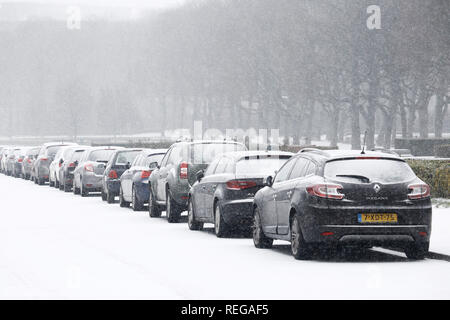 Vista la coperta di neve parco del Cinquantenario a Bruxelles, in Belgio il 22 gennaio 2019. Foto Stock