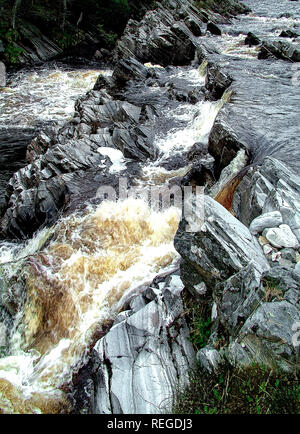Il fiume di inclinazione in pieno flusso dopo heavy rain vicino a Blair Athol Perthshire Scozia UK Foto Stock