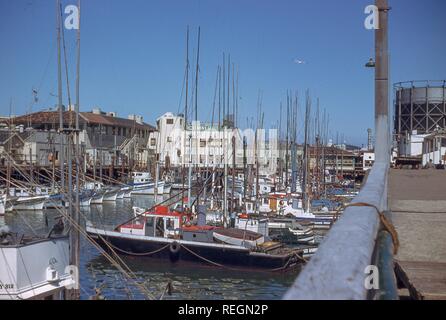 Barche da pesca sono visibili ormeggiata su un molo al Fisherman's Wharf di San Francisco, California, con il classico del pescatore ristorante grotta visibile in background, 1950. () Foto Stock