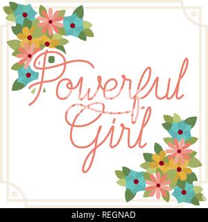 Potente etichetta ragazza con fiore cornice icona isolato Illustrazione Vettoriale