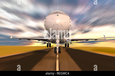 Parte anteriore del Jet privato aereo decollare con motion sfocatura radiale. Scena al tramonto Foto Stock