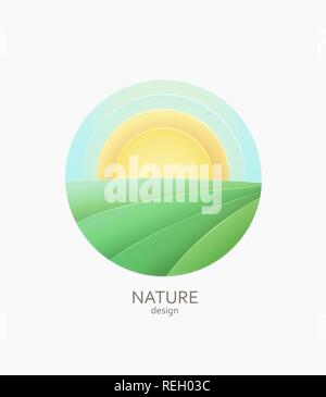 Natura logo azienda agricola, emblema o adesivo. Semplice paesaggio con Sun e i campi.Concetto per prodotti freschi, naturali e cibo organico, non OGM e fattoria biologica.Modello etichetta per imballaggio, negozi, pubblicità. Vettore Illustrazione Vettoriale