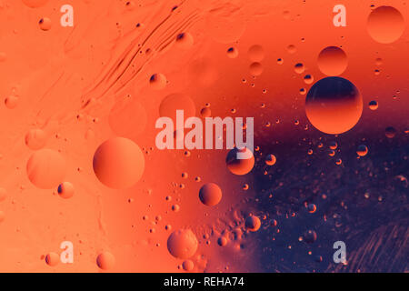 Macro shot retroilluminato di emulsione acqua-olio su sfondo colorato. Foto Stock