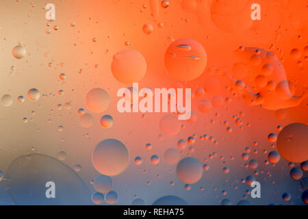 Macro shot retroilluminato di emulsione acqua-olio su sfondo colorato. Foto Stock