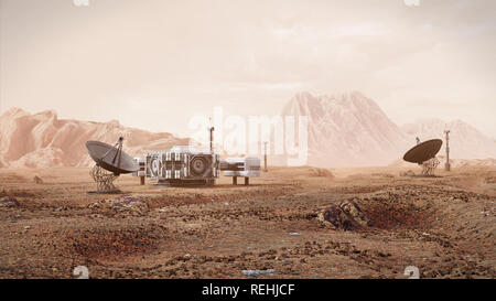 Base su Marte, prima colonizzazione, colonia marziana nel deserto paesaggio sul pianeta rosso Foto Stock