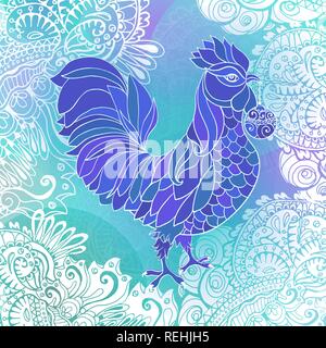 Blu e bianco inverno tipografia scheda quadrata con il nuovo anno 2017 doodle rooster, bianco ornamento e i fiocchi di neve. Illustrazione Vettoriale Illustrazione Vettoriale