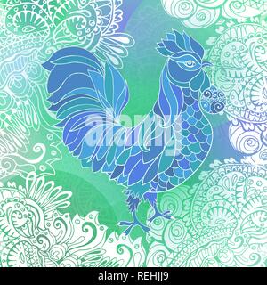 Blu e bianco inverno tipografia scheda quadrata con il nuovo anno 2017 doodle rooster, bianco ornamento e i fiocchi di neve. Illustrazione Vettoriale Illustrazione Vettoriale