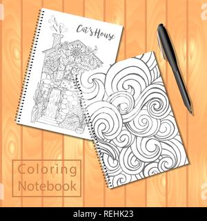 Rilegato a spirale taccuini o libro da colorare con penna e pagine da colorare foto, copertura ondulata, casa con cat. Template vettoriale o mock up. Facile da posizionare la tua immagine sul coperchio.Vista dall'alto. Illustrazione Vettoriale