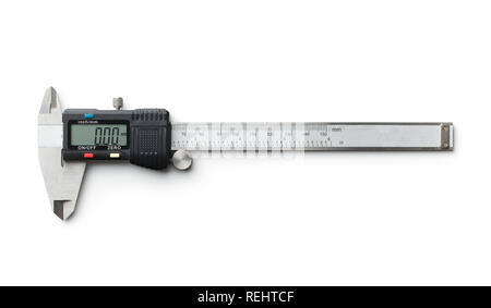 Digitale e manuale del calibro a corsoio isolati su sfondo bianco. Foto Stock