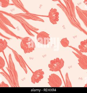 Peach coral tulipani con farfalle seamless Illustrazione Vettoriale
