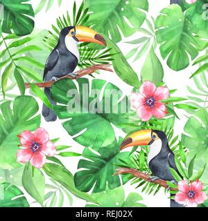 Seamless pattern tropicale con tucani Foto Stock