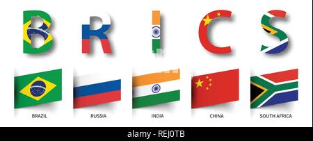 BRICS . Associazione di 5 Paesi e bandiere . isolato sfondo . Vector . Illustrazione Vettoriale