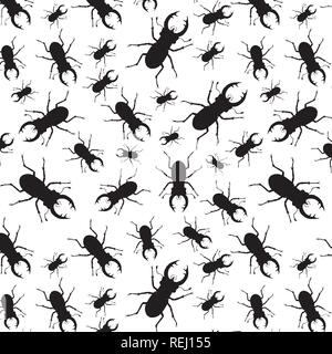 Nero stag beetle seamless pattern (lucanus cervus) su sfondo bianco Illustrazione Vettoriale