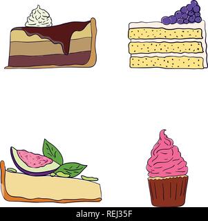 Disegnata a mano dolci fette imposta illustrazione vettoriale. Doodle illustrazione. Pezzi di torta, cioccolato, cokie e dolci in stile scarabocchio. Vector illustrat Illustrazione Vettoriale