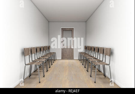 Un passaggio in attesa sala interna con una chiusura ufficio in legno porta in corrispondenza della estremità lontana e sedie allineate su entrambi i lati - 3D render Foto Stock