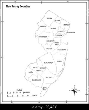 New Jersey stato delineare, politica e amministrativa di mappa vettoriale in bianco e nero Illustrazione Vettoriale