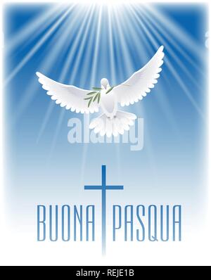 Felice Pasqua in italiano. Biglietto di auguri con la croce, colomba bianca e olive branch. Illustrazione Vettoriale. Illustrazione Vettoriale