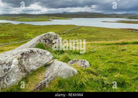 Vista a Callanish, isola di Lewis, Ebridi Esterne, Scotland, Regno Unito Foto Stock