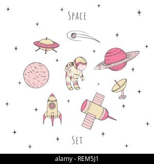 Disegnata a mano spazio vettoriale elementi: cosmonauta, satelliti, rucola, pianeti e stelle cadenti e UFO. Cosmo impostato nel pastello colori girlish isolato sul whi Illustrazione Vettoriale