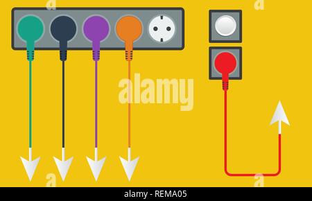 Spina e presa con cavi colorati e freccia Illustrazione Vettoriale